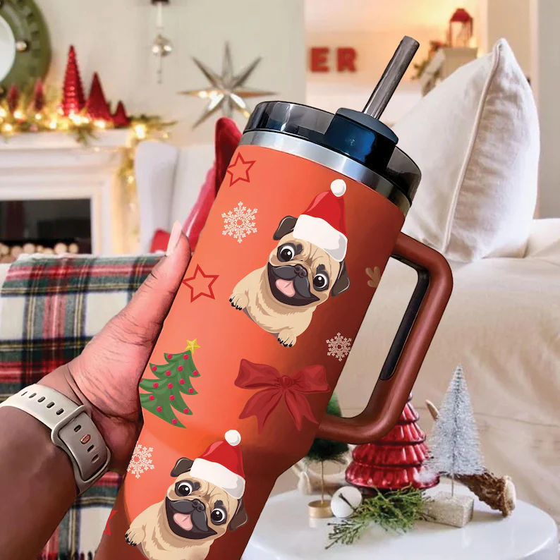 Cute Pug Dog Christmas 40oz Tumbler, Pug Santa Stainless Steel Cup