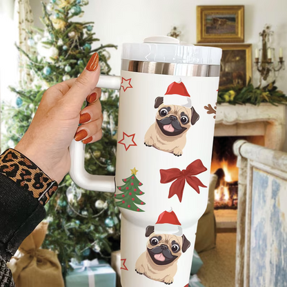 Cute Pug Dog Christmas 40oz Tumbler, Pug Santa Stainless Steel Cup