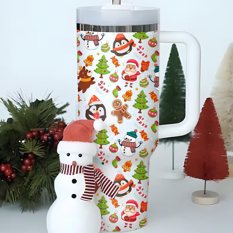 Christmas Cute Pattern Tumbler 40oz With Handle, Christmas 40oz Tumbler